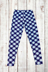 Buttery Soft Leggings - Diamond Plaid Blue/White