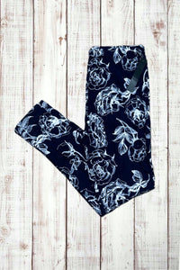 Buttery Soft Leggings - Deepest Navy & White Roses