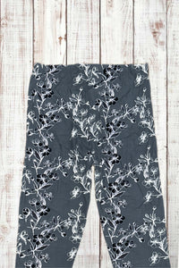 Buttery Soft Leggings - Charcoal Gray & White Vines