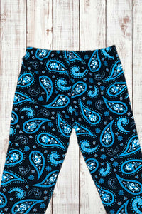 Buttery Soft Leggings - Black & Blue Paisley Print