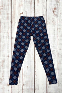 Buttery Soft Leggings - Argyle Print Navy Blue/Wine Red