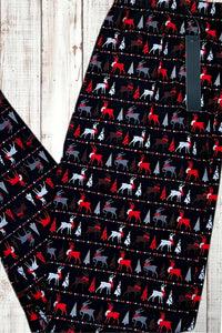 Buttery Soft Leggings - Holiday Reindeer Black Gray & Red