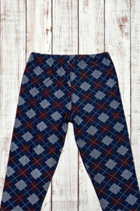 Buttery Soft Leggings - Argyle Print Navy Blue/Wine Red