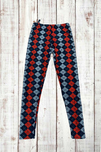 Buttery Soft Leggings - Argyle Print Red/Gray/Navy