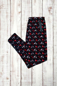 Buttery Soft Leggings - Holiday Reindeer Black Gray & Red