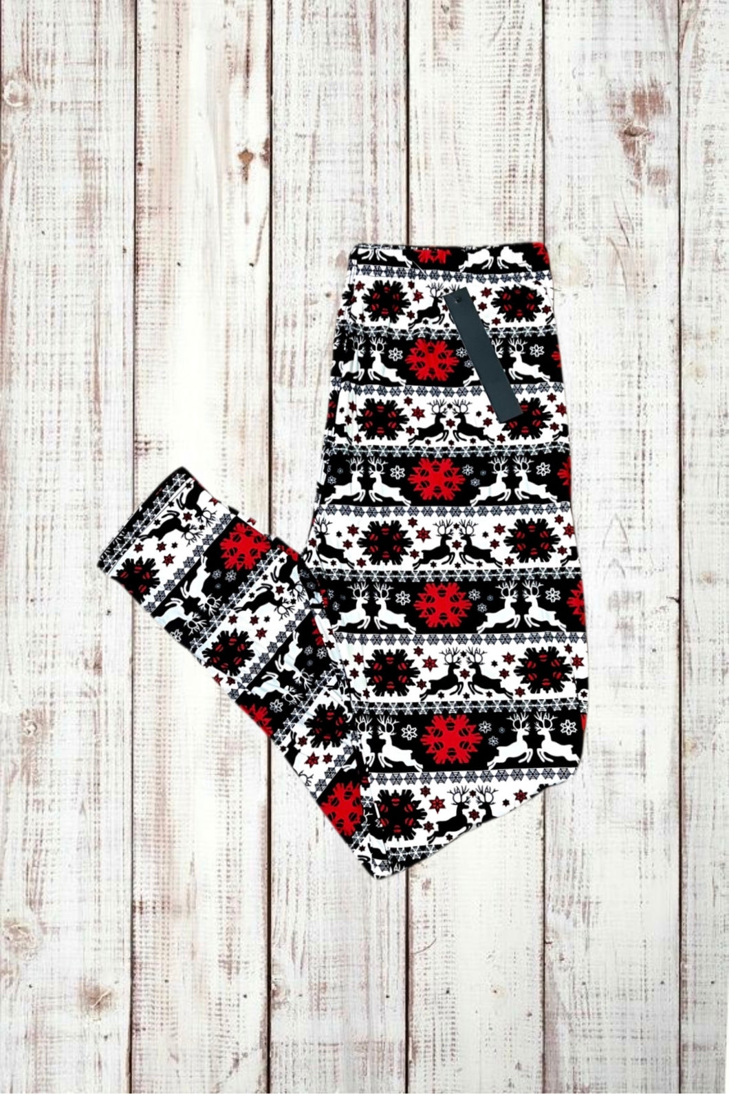 Buttery Soft Leggings - Holiday Reindeer & Snowflakes Red Black White