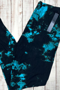 Buttery Soft Leggings - Dark Tie Dye Aqua/Black