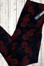 Load image into Gallery viewer, Buttery Soft Leggings - Black &amp; Red Swirls
