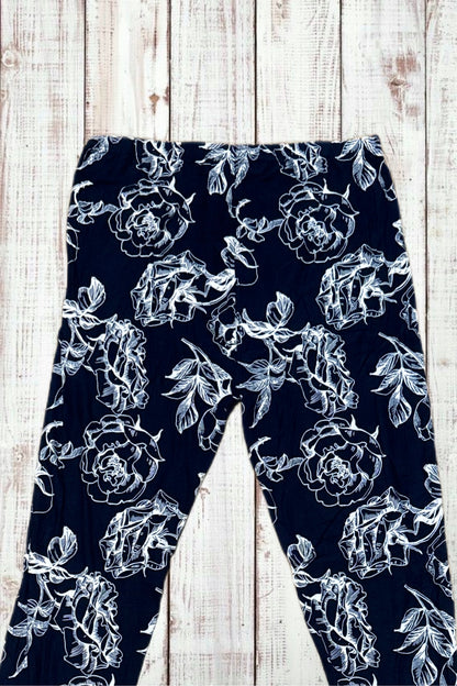 Buttery Soft Leggings - Deepest Navy & White Roses