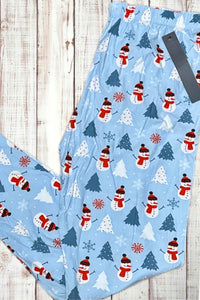 Buttery Soft Leggings - Holiday Light Blue Snowmen