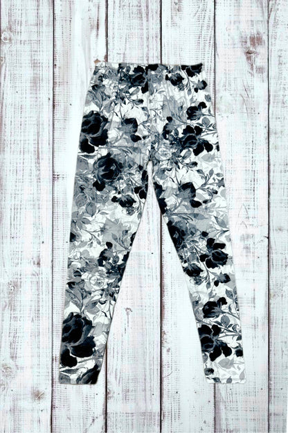 Buttery Soft Leggings - Gray Floral Roses