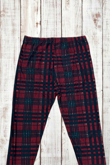 Buttery Soft Leggings - Deep Red/Hunter Green Plaid
