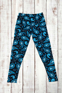 Buttery Soft Leggings - Black & Blue Paisley Print