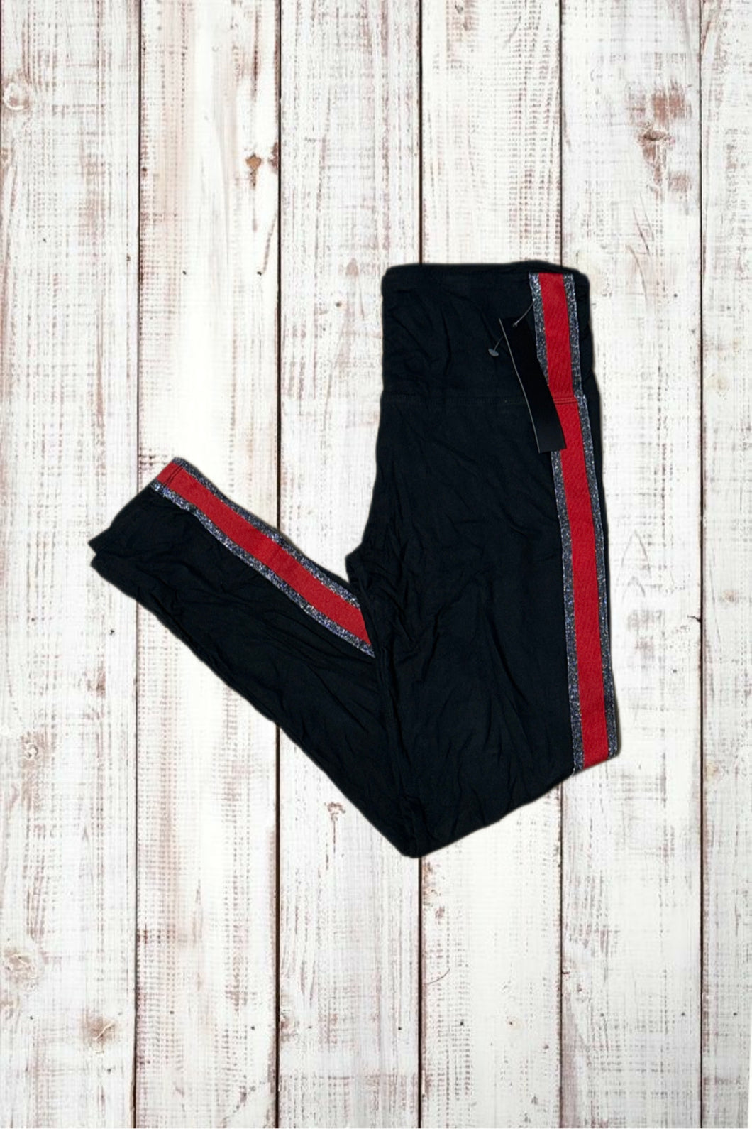 Buttery Soft Yoga Leggings - Black w/ Red & Silver Stripe