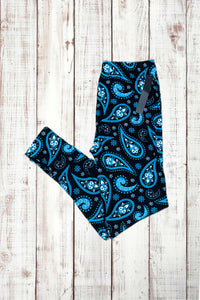 Buttery Soft Leggings - Black & Blue Paisley Print